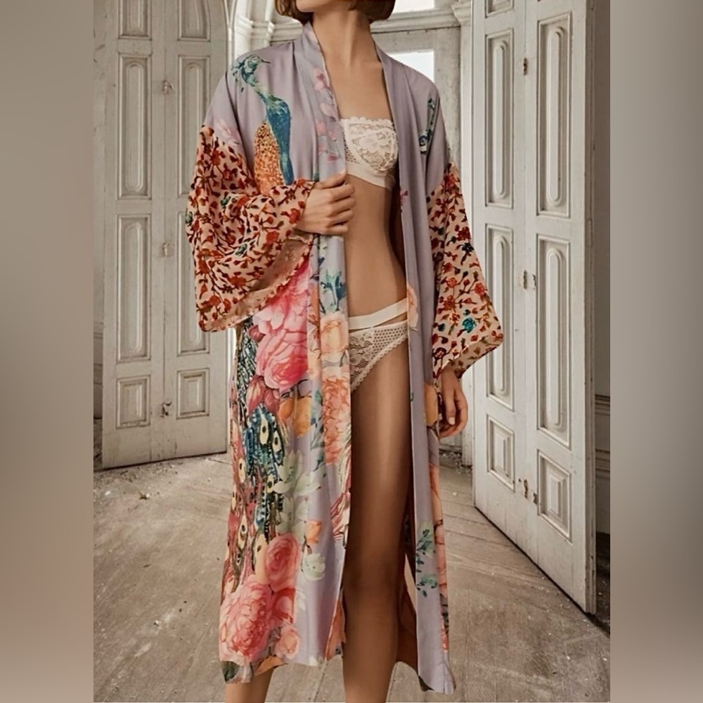 Bohemian Peacock Bird Print Midi Belted Oriental Kimono Robe